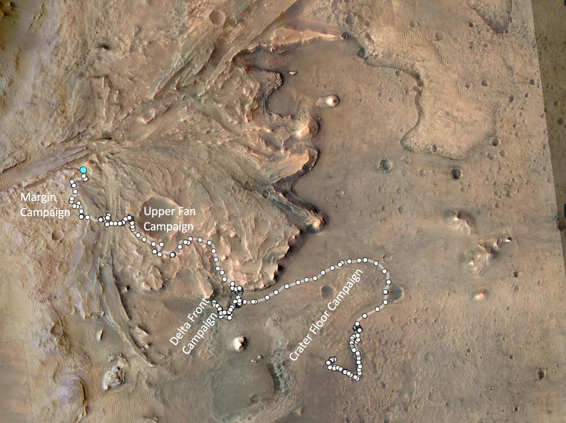 NASA HiRISE view of the Jezero Crater rover traverse. The Margin Campaign is labeled at left; the path is marked with white dots.